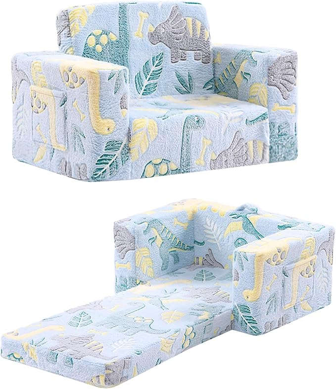 Toddler Chair Kids Couch, 2-in-1 Toddler Soft Sherpa Couch Fold Out Armchair Glow in The Dark with Removable Cover, Convertible Reading Chair Sofa for Kids, Plush Green Dinosaur