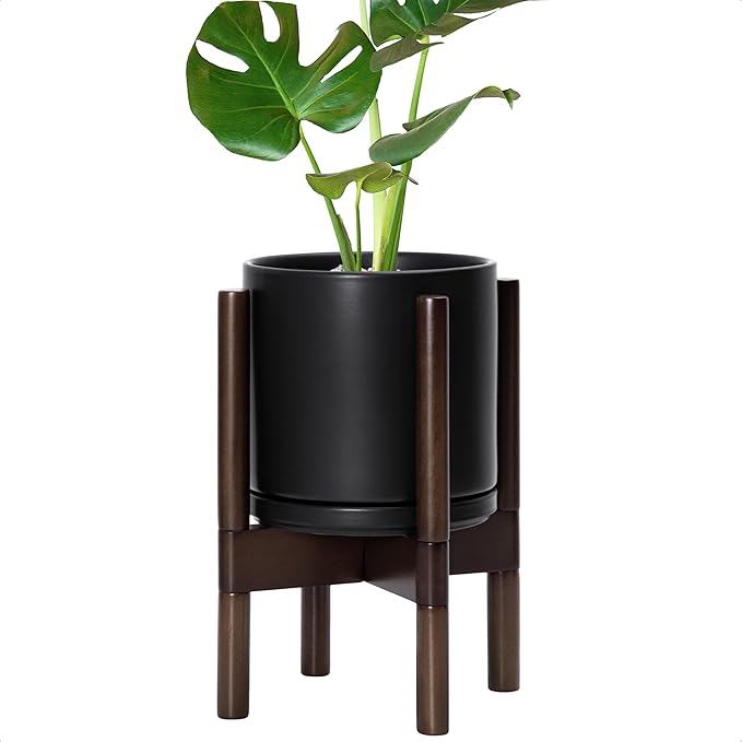 D'vine Dev Ceramic Planter with Walnut Color Stand - 8 Inch Modern Round Flower Pot with Wood Planter Holder, Black, 55-B-Y-2