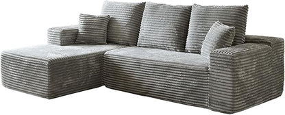 HYJT-H&K Modular Sectional Sofa Cloud Couch, 107" Comfy L Shaped Sectional Couches for Living Room, Deep Seat Memory Foam Plush Fluffy Corduroy Boneless Couch Sectionals Left Facing Sofa Chaise Grey