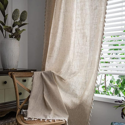 Sutuo Home Boho Curtain for Farmhouse Bedroom, Natural Linen Look Textured Burlap Rod Pocket Chic Semi Blackout Bohemian Handmade Tassels Window Treatment for Living Room, 1 Panel 59" W x 108" L