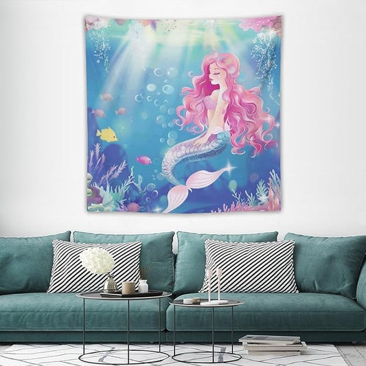 HZOHNAGO Mermaid Girls Tapestry Watercolor Mermaid Princess Pink Hair Pattern for Kids Room Decoration Printed Wall Tapestry Wall Hanging for Bedroom Living Room Dorm 60" W x 60" H