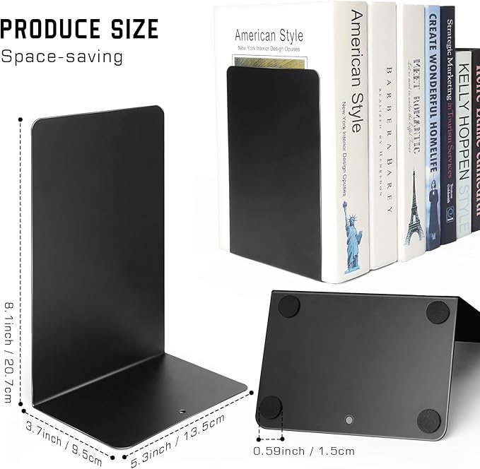 VONDERSO Metal Bookends Black, 2 Pairs Decorative Metal Book End Supports for Shelves Gauge Metal Book Divider Stopper Holders with Non-Slip Anti-Scratch Rubber Pads