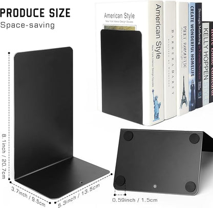 VONDERSO Metal Bookends Black, 2 Pairs Decorative Metal Book End Supports for Shelves Gauge Metal Book Divider Stopper Holders with Non-Slip Anti-Scratch Rubber Pads