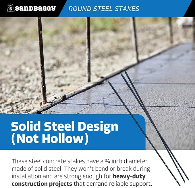 Sandbaggy Round Steel Concrete Form Stakes with Nail Holes - Rust Resistant Coating - Removable, Reusable (10, 3/4 in X 60 in)
