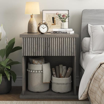 Fluted Nightstand, 22.8" Wide Nightstands with Drawer Storage Large Wood BedsideTable Night Stand for Bedroom, Grey Oak