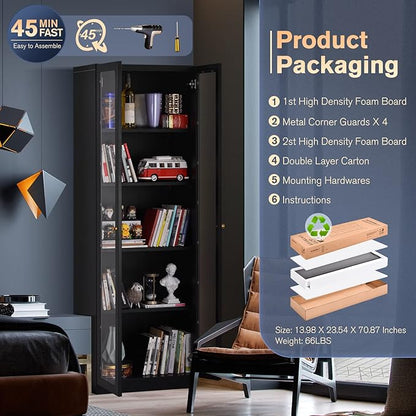 5 Tier Metal Curio Cabinets, 71" Tall Modern Bookshelf Cabinet with 4 Adjustable Shelves, Cabinet Display Case for Home Office, Living Room, Pantry, Assemble Required, Black