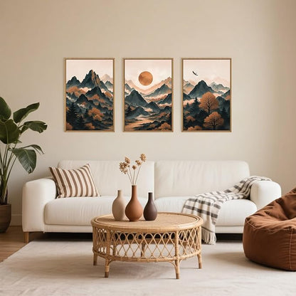 Large Boho Mountain Framed Canvas Wall Art Set, Brown Ridge Landscape Wall Decor, Pine Tree Scenery Wall Painting, Abstract Wilderness Art Print for Living Room, Bedroom, Office - 16"X24"X3