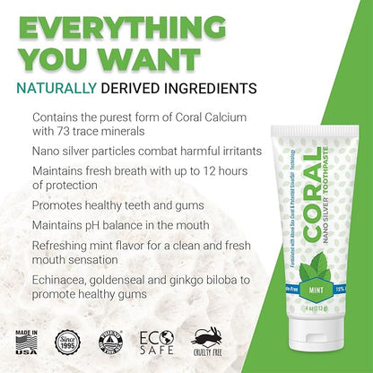 Coral Nano Silver Mint Toothpaste, Natural Fluoride Free Teeth Whitening Toothpaste, Coral Calcium Nano Silver Infused SLS Free - 4 Ounces