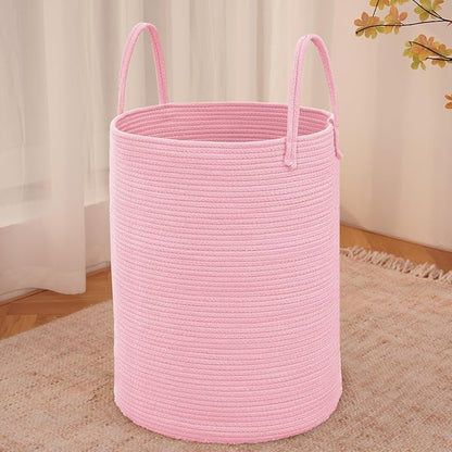 Large Woven Laundry Basket Hamper,80L Cotton Rope Storage Bin for Blankets,Toys and Clothes,Decorative Tall Nursery Hamper for Living Room,Baby Nursery,Bathroom and Bedroom,Pink