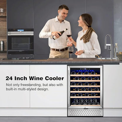 Tylza 24 Inch Wine Cooler Refrigerator, 51 Bottle Built-in or Freestanding, 24'' Fridge with Stainless Steel & Double Layer Tempered Glass Door and Temperature Memory Function