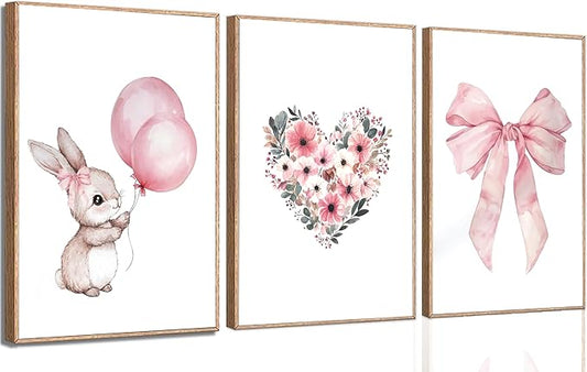 3Pcs Cute Bunny Canvas Wall Art Pink Bow Easter Poster Prints Love Wildflowers Picture Decoration for Nursery Girl Bedroom Children's Room Easter Gifts for Kids Unframed
