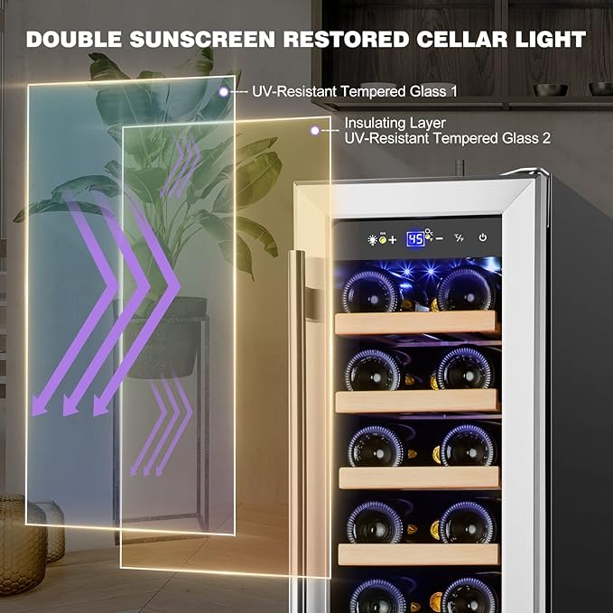 Tylza 12" Wine Cooler Refrigerator, 18 Bottle Wine Fridge Built-in or Freestanding with Stainless Steel & Double-Layer Tempered Glass Door, Compressor Fast Cooling, Low Noise and No Fog, Mini Fridge