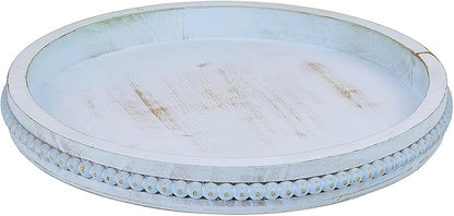 Round Wood Serving Tray with Beads, Blue Washed Wooden Decorative Tray for Entertaining, Decoration, and Gifting