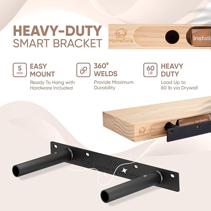 Homeforia Wood Floating Shelf 12 inch, High End Solid Natural Wood 12inch Floating Shelves for Wall Mounted, Unfinished Small Wooden Floating Shelves, Heavy Duty Bracket, 12 X 6.5 X 1.75 in, Set of 4