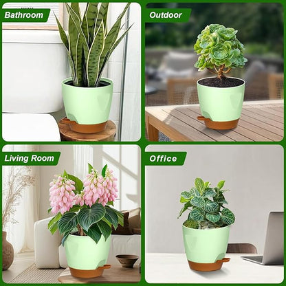 Uneed Indoor Self Watering Planters with Drainage Holes and Saucers, 7/6.5/6/5.5/5 Inch-5 Pots,for Indoor Plants, Herbs, Succulents-Green