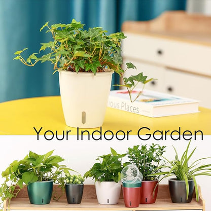 Self Watering Pots for Indoor Plants, 6-Pack 5'' Self Watering Planter with Drainage Holes, Small African Violet Pots with Water Indicator, Clear Wick Orchid Pot, Grey Gold