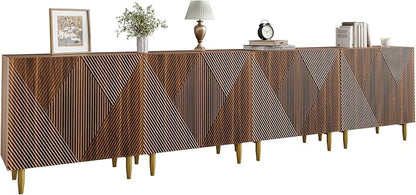 Set of 2 Fluted TV Stands with Storage, 65 Inch Accent Sideboard Large Console Table with Adjustable Shelves, Mid Century Modern TV Cabinets for Living Room, Dining Room, Walnut