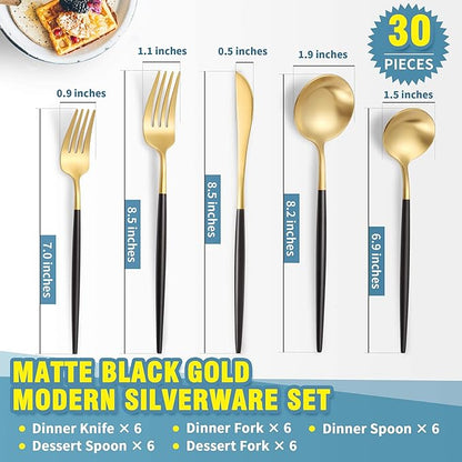 Matte Black Gold Silverware Set for 6,Modern Stainless Steel Brushed Cutlery Set,30-Pieces Heavy Duty Flatware Set,Knives Spoons and Forks Set Utensils Set, Satin Finish, Dishwasher Safe