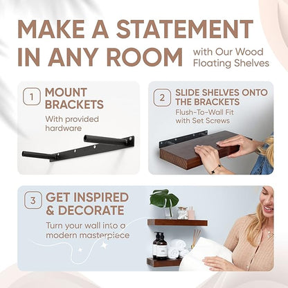 Homeforia Walnut 12 inch Floating Shelf, High End Solid Real Wood Small 12inch Floating Shelves for Wall Mounted, Dark Brown 12in Floating Shelves, Heavy Duty Bracket, 12 X 6.5 X 1.75 inches, Set of 3