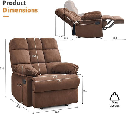 Rocker Recliner Chair, Overstuffed Manual Rocking Recliner for Adults, Upholstered Comfy Soft Fabric Living Room Reclining Sofa Chair (Brown Fabric)