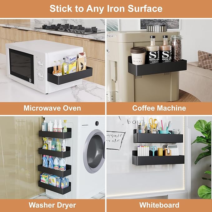 Magnetic Spice Rack for Refrigerator, Kitchen Organizer and Storage Shelf, Black (2 Pack)…