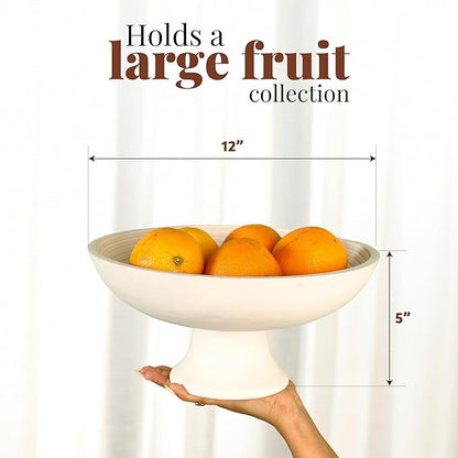 Folkulture Wooden Fruit Bowl for Kitchen Counter | 12" Large Premium Eco Friendly Banana Fruit Basket for Kitchen | White Wood Bowl with Holder, Pedestal for Table Decor, Centerpiece for Dining Table