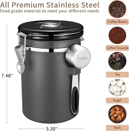 Veken Coffee Canister, Airtight Stainless Steel Kitchen Food Storage Container with Date Tracker and Scoop for Grounds Coffee, Beans, Tea, Flour, Cereal, Sugar, Cookies Jars, 22OZ Gray