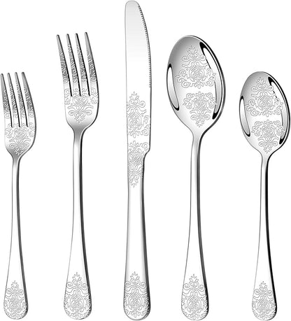 20 Pcs Silverware Set for 4 with Classical Flower Embossed Design, Food Grade Stainless Steel Flatware Set, Eating Utensils Sets Include Fork/Knife/Spoon, Reusable Cutlery Set, Dishwasher Safe