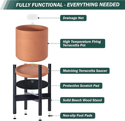D'vine Dev Terracotta Planter with Ebony Stand - 10 Inch Modern Round Flower Pot with Wood Planter Holder, Terracotta, 55-B-L-5