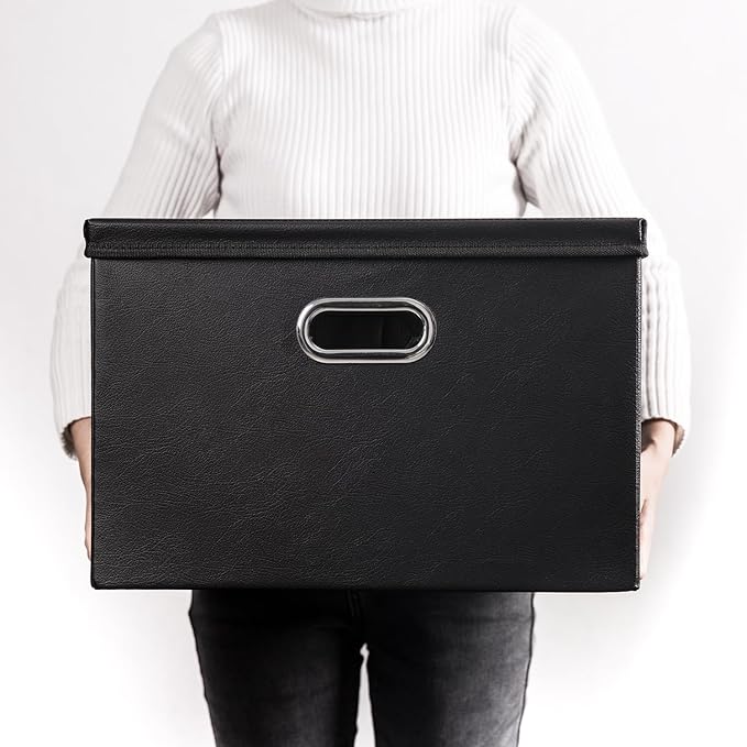 PRANDOM Large Stackable Storage Boxes with Lids [5-Pack] Leather Fabric Foldable Storage Bins Organizer Containers Baskets Cubes with Cover for Bedroom Closet Office Nursery Black(17.7x11.8x11.8)