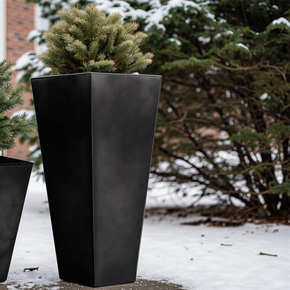 WORTH Garden 28" Large Metal Glazed Planter Set of 2, Luxurious Glossy Finish Black Tall Square Tapered Steel Plant Pots, Decor Flower Pot Indoor & Outdoor, Drainage Hole & Dual-Purpose Plant Saucer