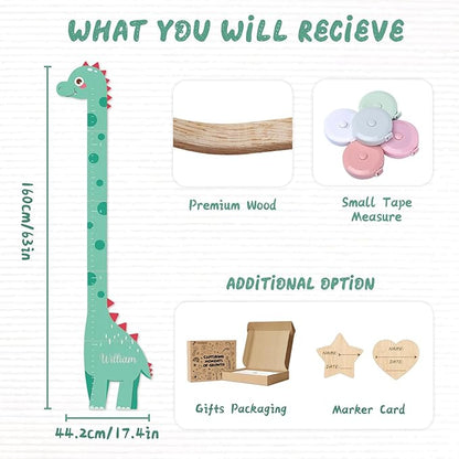 Personalized Name Growth Chart, Dinosaur Wooden Height Chart, Thick Height Measuring Board, Kids Height Tracker for Nursery Decor, Baby Boy Girl Measurement Ruler, Growth Charts Ruler