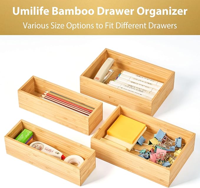 Umilife Bamboo Kitchen Drawer Organizer, Extra High Silverware Tray, Flatware Cutlery Storage Box, Multi-Use Holder in Office, Bathroom, Pantry - 9"x6"x2.5" (Set of 2)