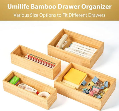 Umilife Bamboo Kitchen Drawer Organizer, Extra High Silverware Tray, Flatware Cutlery Storage Box, Multi-Use Holder in Office, Bathroom, Pantry - 9"x6"x2.5" (Set of 2)