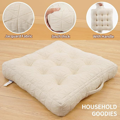 Large Chair Cushions with Handle, 20"x 20" Bite-Size Memory Foam Seat Cushions for Wicker Chair, Patio Non-Slip Rattan Chair Pads, Square Floor Cushion, Beige