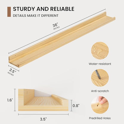 Picture Ledge Shelf, Solid Pine Wood Floating Shelves Set of 2, 32 Inches Nursery Book Shelves for Toys Storage, Kids Bookshelf Wall Mounted for Living Room Decor Photo Frames, Unfinished Natural