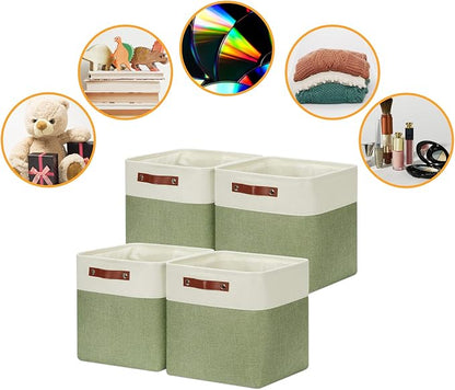 DULLEMELO Storage Basket, Linen Closet Organizers and Storage Baskets for Home Office, Suitable as Dog Toy Box, Baby Gift Basket, 4 Pieces 12x12 Decorative Cube Storage Bins(4 Pack - 12" White&Green)