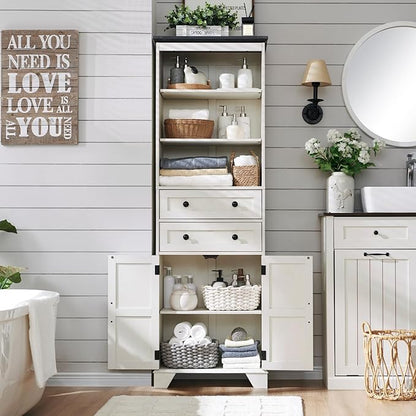 72" Tall Bathroom Storage Cabinet, Farmhouse Storage Cabinet with 2 Drawers, Adjustable Shelves & Barn Door, Cabinet for Bathroom, Living Room, Kitchen, Off White