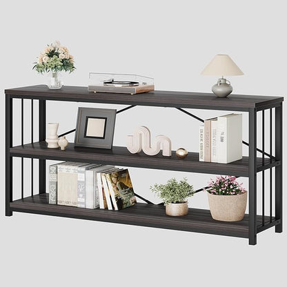 LVB 3-Tier Rustic Console Table, Extra Long Entryway Table with Storage, Industrial Skinny Wood Metal Sofa Table with Shelf, Modern Narrow Hallway Table for Foyer Living Room Bedroom, Dark Gray, 70 In