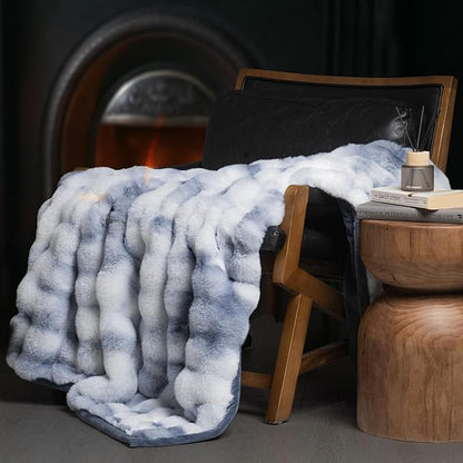 EVERGRACE Ultra Soft Luxury Fluffy Ridgeline Faux Rabbit Fur Throw Blanket, Thick Warm Bubble Throw for Bed, Cozy Plush Reversible Blankets for Couch, Chair, Sofa, Cloud Blue, 50x60 Inches, 870 GSM