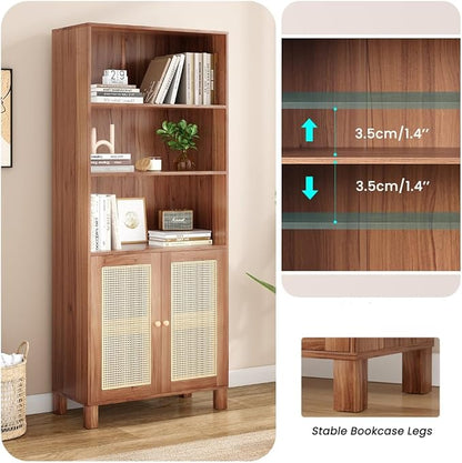 Tall Bookshelf, 5-Tier Book Shelf with 2 Rattan Doors, Freestanding Bookcase Display Shelves with Large Storage, Book Case for Living Room, Office, Study, Bedroom, 70.9 Inch