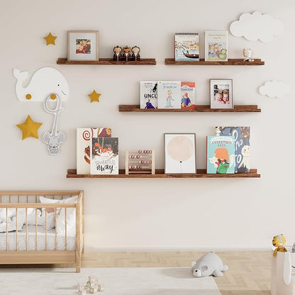 Picture Ledge Shelf for Wall, Floating Shelves Set of 4, 24 Inch Long Nursery Book Shelves for Toys Storage, Kids Bookshelf Wall Mounted for Books Photo Frames, Walnut