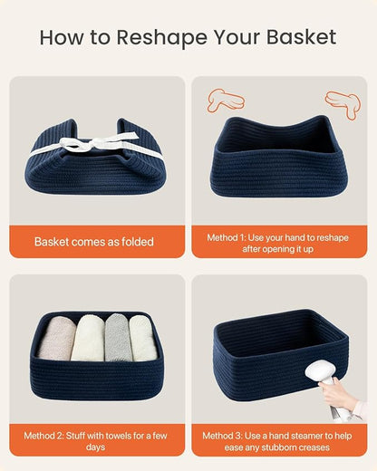 KALLAX Small Woven Basket, 12 x 8 x 4.5 Inches, Storage Basket for Organizing, Cute Small Rope Shelf Closet Cube Storage Bins Baskets for Shelves, Dog Toy Gift Baskets Empty, 3 Packs, Navy Blue