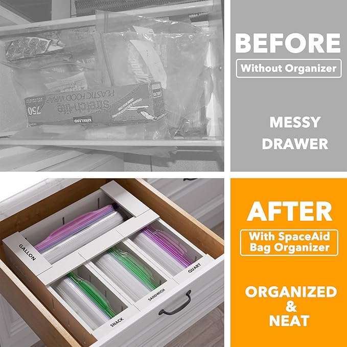 SpaceAid Bag Storage Organizer for Kitchen Drawer, Bamboo Organizer, Compatible with Gallon, Quart, Sandwich and Snack Variety Size Bag (4 Pack), White