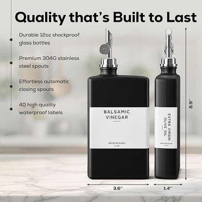 Black Glass Olive Oil Dispenser Bottle for Kitchen by Brighter Barns - Soy Sauce Dispenser, Coffee Syrup Bottle - Modern Kitchen Decor for Restaurant, Airbnb, Coffee Bar Accessories (Black, Set of 2)