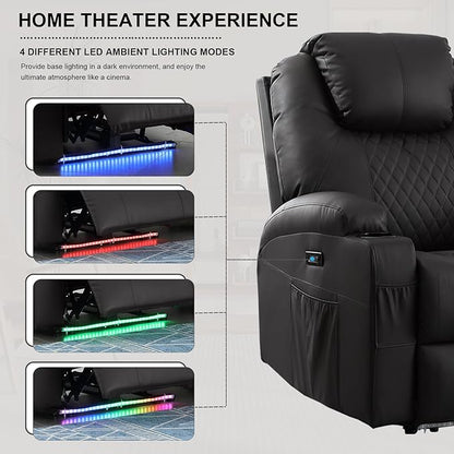 Power Recliner Chair with Heat and Massage, PU Leather Home Theater Seating with LED Lights/Cup Holders/Side Pocket/USB Port, Reclining Sofa Chair for Living Room (2, Black)