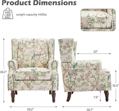 UIXE High Back Floral Accent Chair, Upholstered Armchair in Fabric for Living Room, Retro Printed Wingback Arm Chair Comfy Single Sofa Bedroom Reading Seat with Solid Wood Legs - Bird Pattern