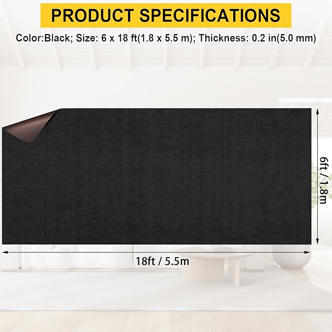 Marine Carpet - 6 FT x 18 FT Black Indoor/Outdoor Carpet, 0.2" Thick, Water-Proof TPE Backing, Non-Slide for Home, Patio, Porch, Deck