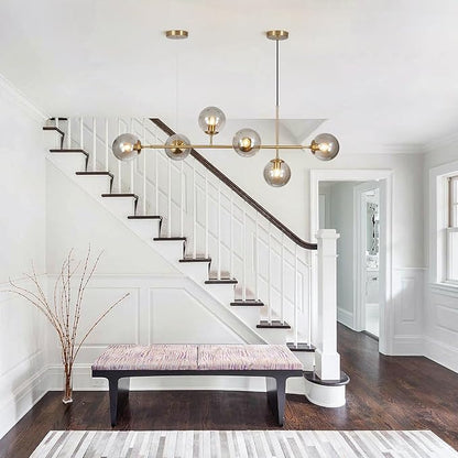 KCO Lighting 6-Light Modern Globe Sputnik Chandelier Brass Gold Linear Pendant Chandelier Lighting Smoke Glass Dining Room Chandelier Mid Century Sputnik Island Lights for Kitchen Living Room