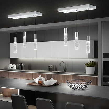 OKELI Smart 3-Light LED Pendant Lighting for Kitchen Island, 18W 1350LM Adjustable 3000K-6000K, Dimmable via TUYA App & Voice Control (Alexa/Google Home), Modern Crystal Bubble Pendant,Chrome Square
